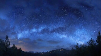 Fototapeta premium Celestial panorama showcases brilliant star field above dark, rolling landscape features