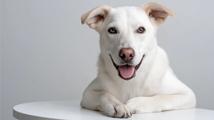 Obraz premium Happy white dog with brown spots relaxing on a table