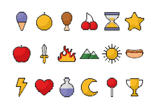 Colorful Pixel Art Game Elements Fun Illustrations Set
