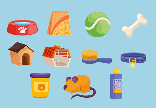 Colorful Pets Accessories Toys Kennel Illustrations Set