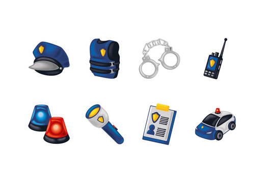 Colorful Police Tools Uniform Handcuffs Patrol Illustrations Set
