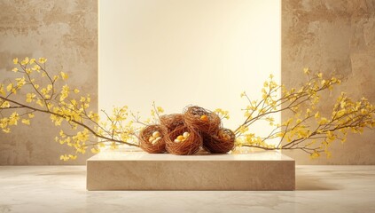 Birds nests displayed on a flat surface with yellow flower branches, designed for product showcasing