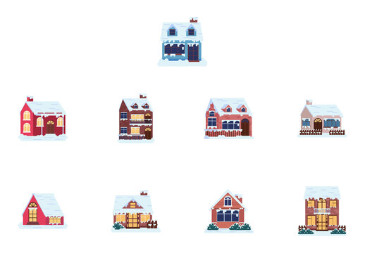 Colorful Winter Cottage Cabin Home Architecture Houses Illustrations Set