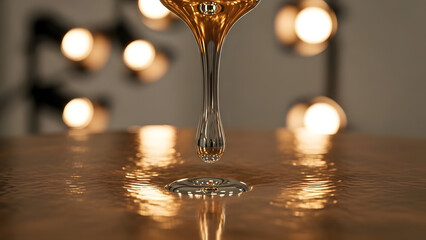 A golden drop of liquid meticulously falling onto a shimmering copper surface