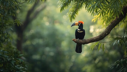 Hornbill resting on tree branches, illustrating avian habitat and natural perching habits
