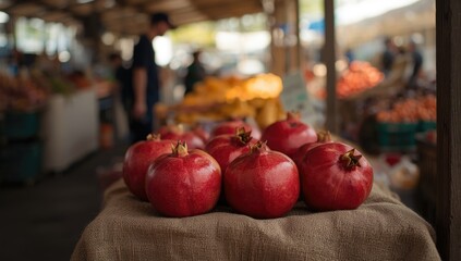 Pomegranates displayed in a farmers market focusing on organic produce