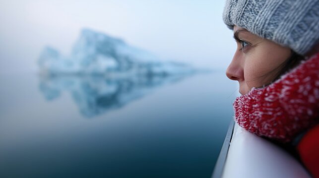 Female enjoys arctic view of icebergs reflected in calm ocean - Powered by Adobe