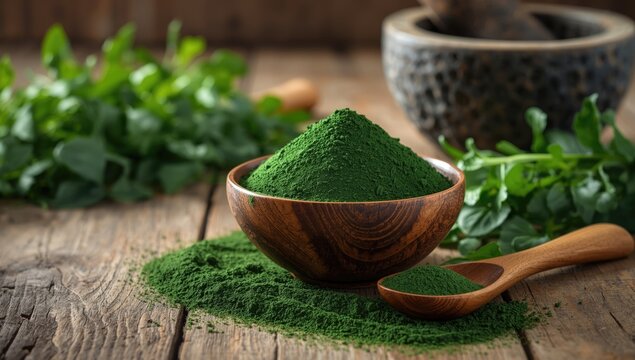 A bowl of spirulina algae powder, highlighting natural detox benefits and antioxidant properties