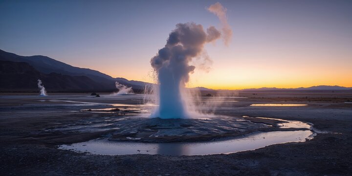 El Tatio geysers erupting at dawn, showcasing geothermal vents and early morning light
