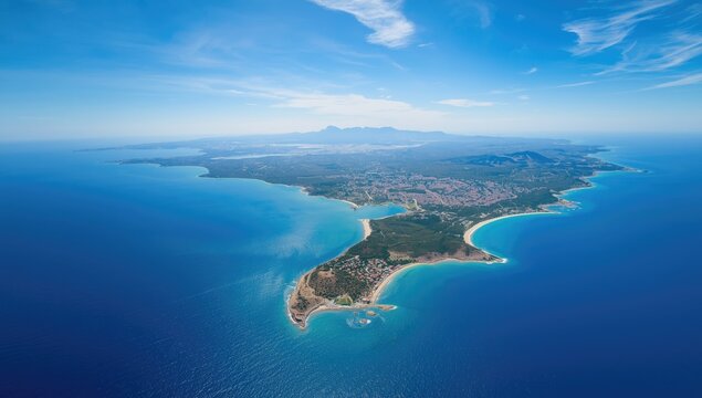 Summer aerial perspective of Mallorca Island with ocean views seen from an airplane in flight