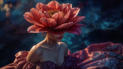 A woman sits quietly in a dark space. She wears a large pink flower covering her head. Soft lights shimmer in the background. The mood is mysterious and artistic.