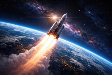 Fototapeta premium blazing rocket thrust propels spacecraft beyond earth atmosphere