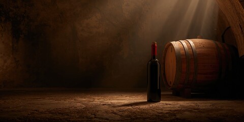 Wine bottle and barrel in a cellar setting, highlighting traditional aging methods, World Wine Day