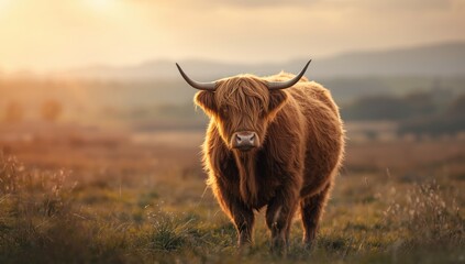Highland cattle resting in a grassy area at dusk, countryside scenery and evening light