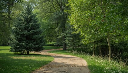 Obraz premium Tall conifer and pine trees along a park pathway in spring, ideal for nature-themed design or travel layouts