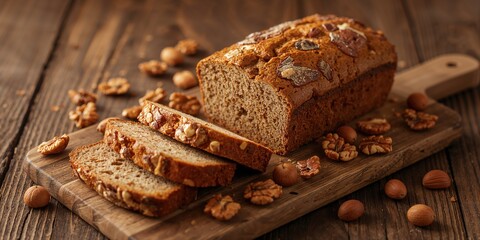 Rustic wood background featuring gluten-free vegan bread with nuts and chestnuts, ideal for bakery or snack bar layouts