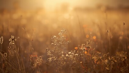 Autumn fall scene with dry wildflowers and grasses during sunset, ideal for editorial header background