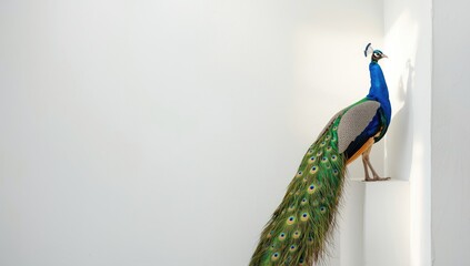 Fototapeta premium Peacock perched on a white wall, emphasizing feather arrangement and vibrant hues