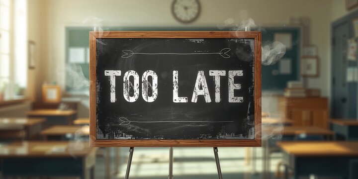 School chalkboard displaying Too Late message, interior classroom scene, emphasizing learning space