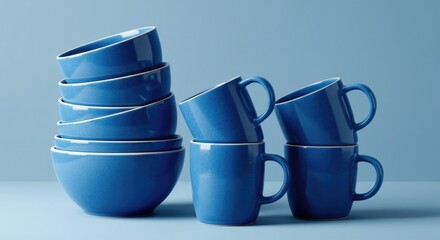 Stacked blue ceramic bowls and mugs on a plain background