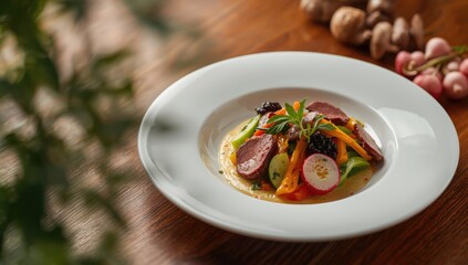 Plate featuring beef tongue and vegetable salad with cream dressing, emphasizing meal composition