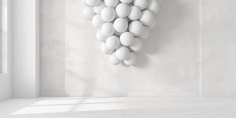 White balloons on studio background, used as a decorative backdrop for events or photography sessions