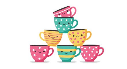 Stacked cute mugs with happy faces