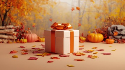 Autumn leaves falling around a seasonal gift box, emphasizing fall season gift giving