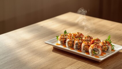A sushi dish featuring artful rolls with vibrant drizzles and herb garnishes, highlighting food aesthetics, International Sushi Day