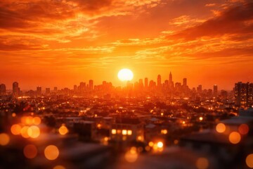 Hot glowing sunset sky with bright summer heat wave and fuzzy rooftop cityscape illuminated by bokeh lights