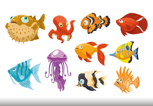 Multicolor Cute Sea Fish Aquatic Creatures Animal Illustrations Set