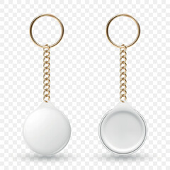 Vector 3d Blank Keychain Tag Set. Round Key Ring with Chain. Empty Keychain Pendant Mockup. White Keychain Label. Keychain, Keyring, Tag, Mockup