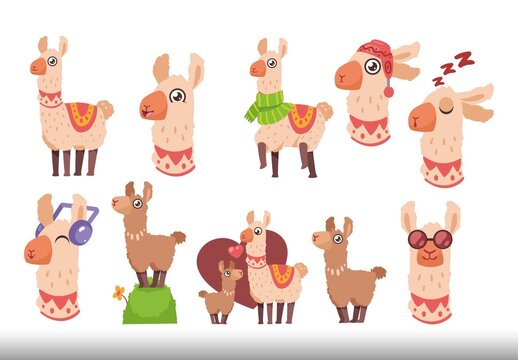 Multicolor And Beige Llama Cute Funny Cartoon Animal Illustrations Set