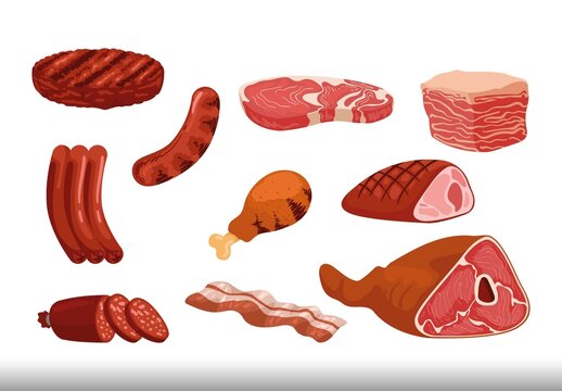 Multicolor Meat Delicious Juicy Grilled Food Illustrations Set