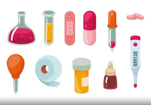 Multicolor Medical Pills Syringe Bottle Icons Illustrations Set