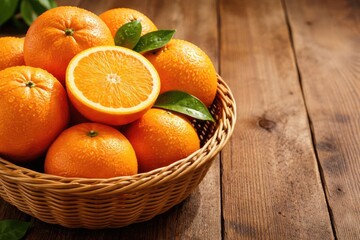 Close up view of juicy ripe oranges in woven bowl set on wooden plank surface with copy space