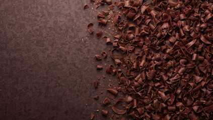 Milk chocolate shavings arranged on a flat surface, providing a textured background for baking and recipe development