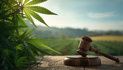 Marijuana leaves and a wooden gavel, symbolizing law and policy discussions on cannabis, World Cannabis Day