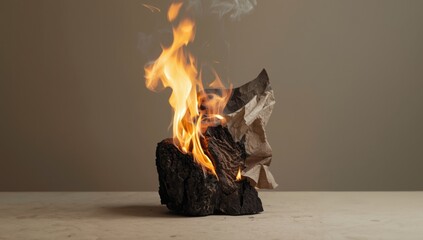 Sizzling flames from a burned piece of wood leaping onto a scorched paper with ruffled ash edges, natural setting, fire hazard