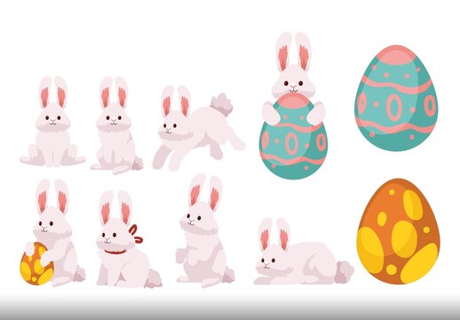 Multicolor Cute Bunny Easter Spring Animal Rabbits Illustrations Set