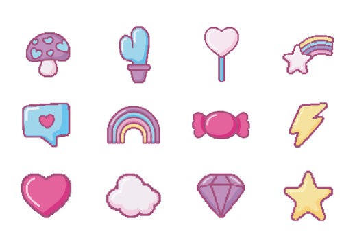 Colorful Heart Candy Star Rainbow Pixel Illustrations Set