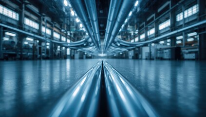 Industrial tubes in blue at a manufacturing plant, focusing on safety standards