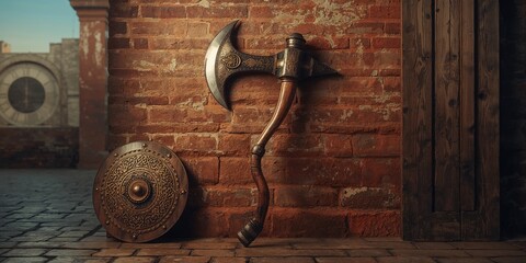 Vintage Roman axe and shield set against a brick wall, highlighting ancient weaponry and architectural textures