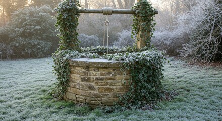 Old stone well covered in frost and ivy
