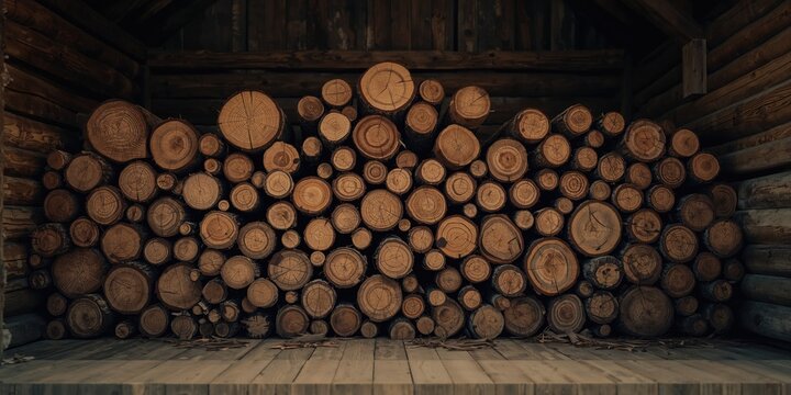 Logs stacked in a log store during seasonal drying process, highlighting fuel preparation - Powered by Adobe