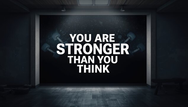 Fitness-themed background featuring the message You Are Stronger Than You Think, promoting physical and mental strength