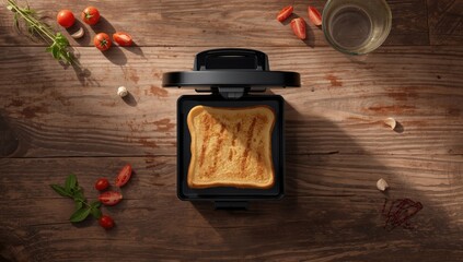 White toast slices with golden crust in a sandwich maker, topped with spices, tomato, and garlic, emphasizing fast meal preparation, top view, rustic indoor table
