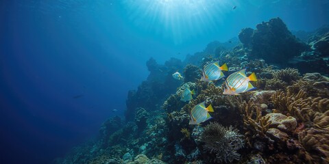 Fototapeta premium Colorful tropical fish navigating coral reefs, marine biodiversity awareness