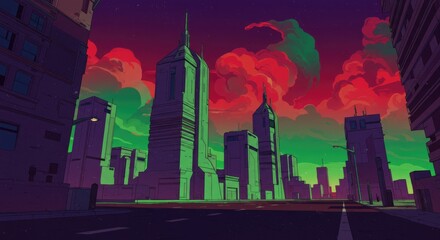 Futuristic city skyline at dusk with vibrant, stylized clouds