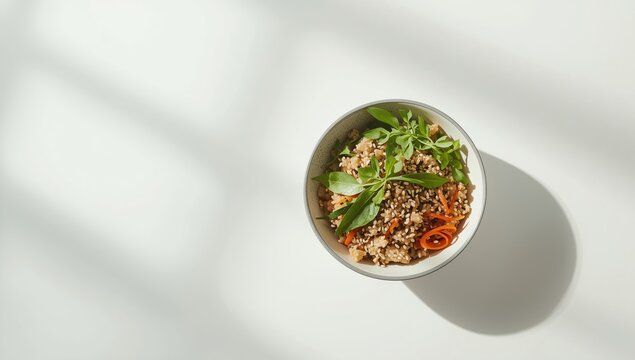 Japanese rice topped with sesame and Oba herb, highlighting natural flavor and ingredient combination
